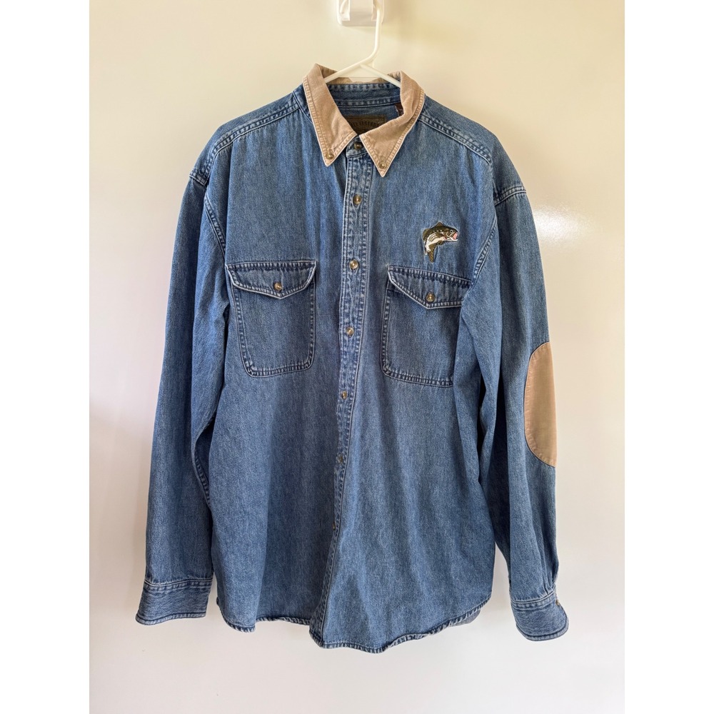 Reel Legends Mens Blue Denim Fishing Shirt Bass Embroidery Corduroy Large